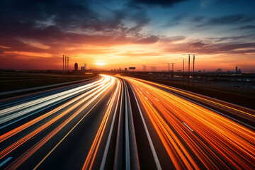 Obraz premium Sunset highway with blurred car lights captured