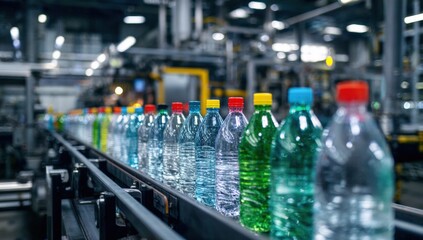 Plastic bottles on an assembly line in a factory