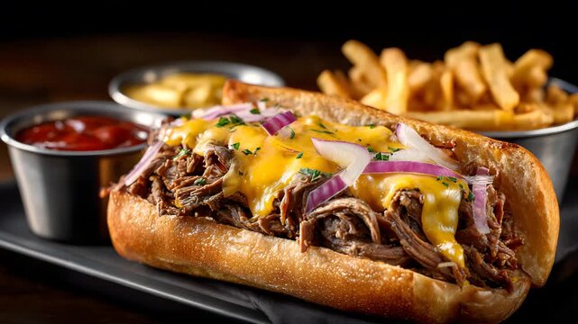Ultra HD Mouthwatering cheesesteak sandwich with melted cheese, sliced red onion, and parsley, served with french fries and ketchup on a dark plate, cheesesteak video