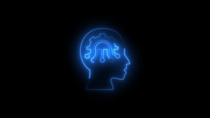 Blue Neon Human Head Icon With Gear and Circuitry on Black Background artificial intelligence brain
