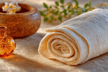 Soft rolled towel placed elegantly beside a wooden bowl and an amber glass bottle, enhancing a serene spa or wellness environment with natural elements and textures