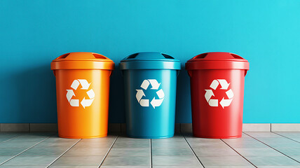 Colorful Recycling Bins in a Row Against a Blue Wall for Eco-Friendly Waste Sorting