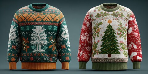 Festive knitted sweaters with winter designs showcasing trees and holiday motifs for cozy celebrations
