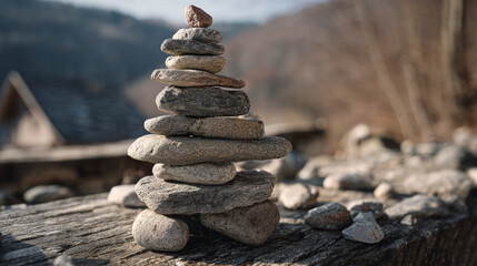 Obraz premium A cairn of flat stones balanced on a weathered wooden surface with a blurred background scene