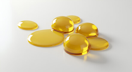 Golden fluid drops on a white surface, capturing a sense of purity and health