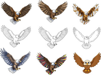 Bald eagle illustration collection, flying eagle vector, polygonal eagle artwork, cartoon eagle design, line art eagle drawing, majestic raptor clipart