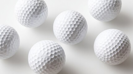Seven white golf balls arranged in a pattern on a light surface,