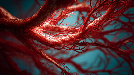 Close up view of red blood vessels branching out against a blue background in detailed view