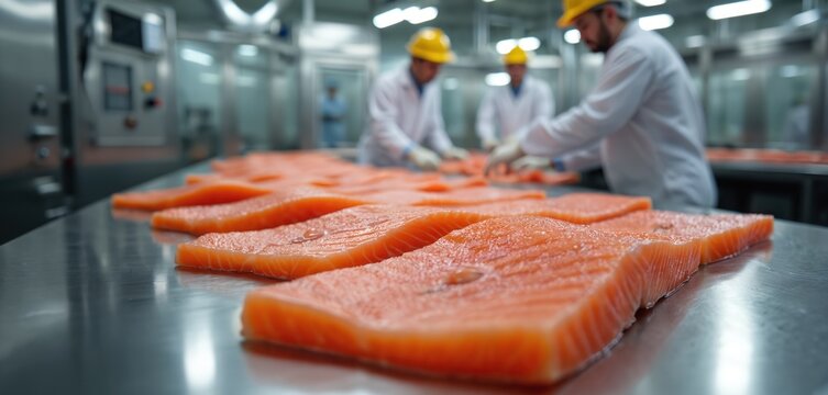 Fresh salmon fillets arranged on stainless steel conveyor belt in food processing plant. Workers in protective gear ensure quality control during modern manufacturing operations. Image efficient food