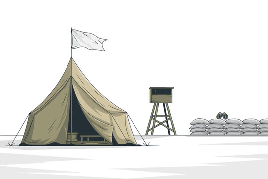 Minimalist Illustration of Military Outpost with Tent Guard Tower and Sandbags Peace Symbolism and Conflict Context