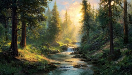 Obraz premium Sunlit forest stream. Lush trees frame a tranquil stream cascading over rocks, bathed in golden sunlight
