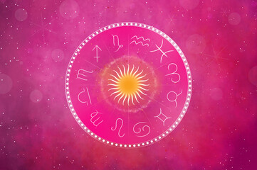 Western astrology circle with 12 zodiac symbols on a beautiful colorful starry space background. Vector illustration.
