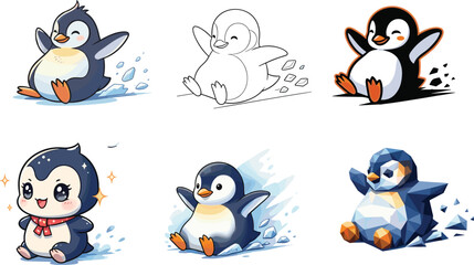Cute cartoon penguin sliding on ice, funny baby penguin illustration, winter animal vector art, adorable penguin character drawing, children’s clipart design