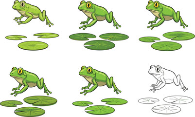 Naklejka premium Cartoon green frog with lily pads, pond animal illustration, cute amphibian clipart, jumping frog vector, wildlife nature drawing for kids