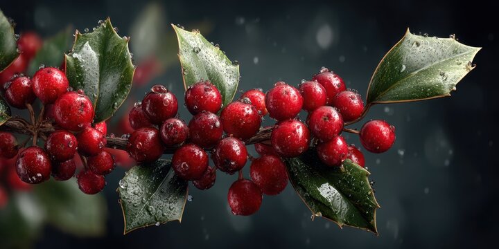 Bright red holly berries with green leaves glistening in the rain during a winter afternoon - Powered by Adobe