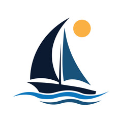 Dark blue and light blue sailboat sailing on wavy blue water under orange sun ocean