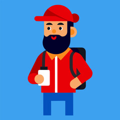“Cartoon Vector Illustration of Bearded Traveler Man with Camera and Backpack”