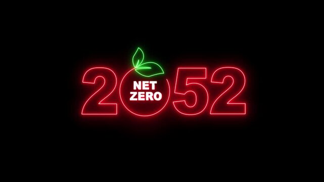 "Net Zero Emissions 2052 Neon Sign Animation, Climate Change, Carbon Neutral, Green Energy, Sustainable Development Concept on Transparent Background"
