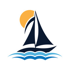 Dark blue sailboat on blue waves under orange sun water ocean