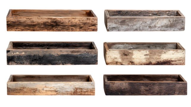 Rustic wooden boxes containers display aged wood texture for product mockup and vintage style storage isolated on white background
