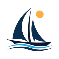 Dark blue sailboat with orange sun and blue waves on white background sailing ocean