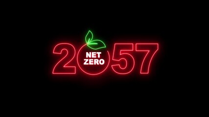 "Net Zero Emissions 2057 Neon Sign Animation, Climate Change, Carbon Neutral, Green Energy, Sustainable Development Concept on Transparent Background"