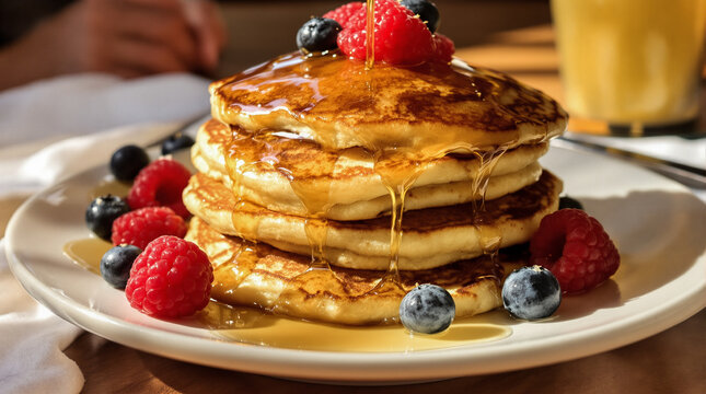 "A stack of fluffy pancakes drizzled with maple syrup and topped with fresh blueberries and raspberries."