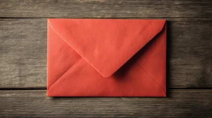 An open red envelope rests on a rustic wooden surface,