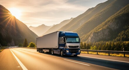 Obraz premium A large truck travels a scenic mountain highway at sunset.