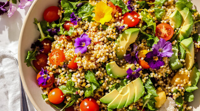 "A vibrant quinoa salad with mixed greens, cherry tomatoes, avocado slices, and edible flowers..." - Powered by Adobe