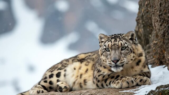 Majestic Snow Leopard resting on snowy mountain peak.