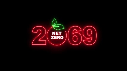 "Net Zero Emissions 2069 Neon Sign Animation, Climate Change, Carbon Neutral, Green Energy, Sustainable Development Concept on Transparent Background"