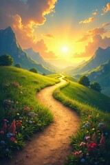 A multi-generational family's journey is symbolized by a winding path leading to a bright, sunlit destination, representing hope and legacy , sun, family, trail