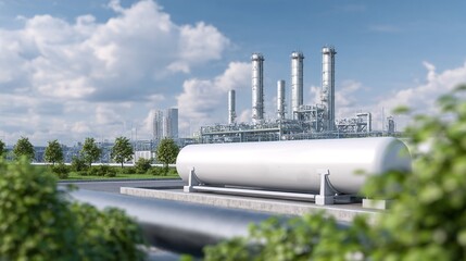 Refinery and industrial complex, green cityscape, energy infrastructure, with pipes and tanks