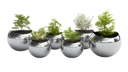 Modern silver planters with vibrant green plants bring nature indoors for stylish home decor accents isolated on white background