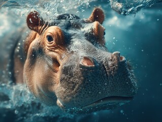Hippo swimming underwater in a tranquil water environment showcasing its majestic features and playful demeanor
