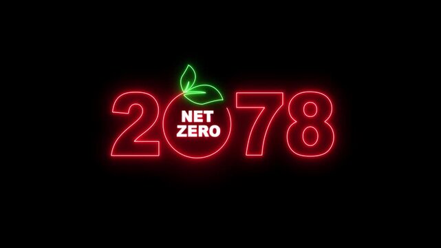 "Net Zero Emissions 2078 Neon Sign Animation, Climate Change, Carbon Neutral, Green Energy, Sustainable Development Concept on Transparent Background"