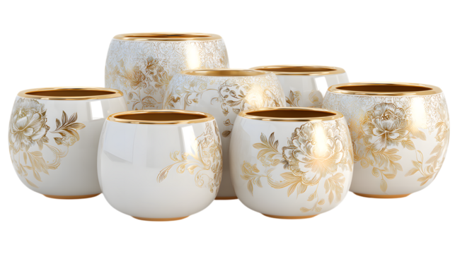 Elegant collection of decorative flowerpots with gold accents bring sophisticated charm to any space isolated on white background