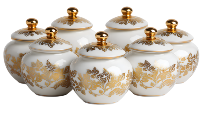 Elegant white porcelain jars with gold accents for luxurious home decor and sophisticated storage solutions isolated on white background