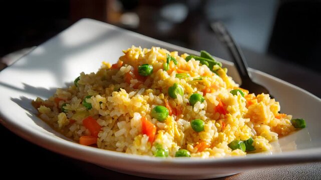 Ultra HD A plate of delicious fried rice with vegetables, including carrots, peas, and eggs, served as a tasty meal in a restaurant with a shadow, fried rice video