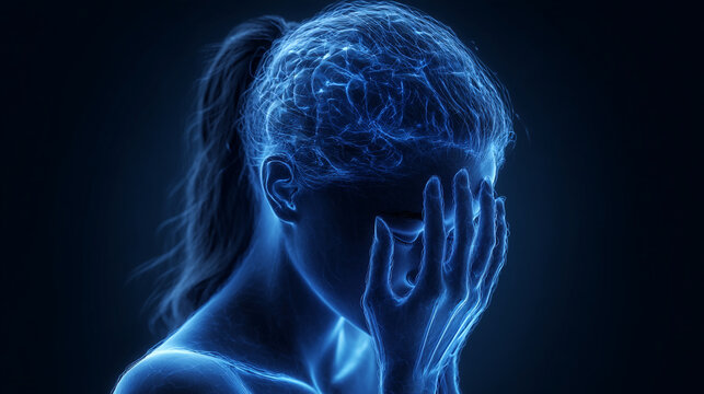 Blue digital rendering of a woman with hand on her face depicting stress and brain activity