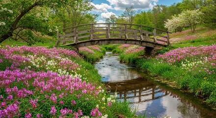 A wooden footbridge spans a stream amidst vibrant pink and white flowers in a lush green landscape under a partly cloudy sky