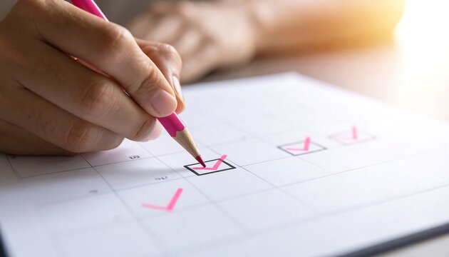 Planning schedule with checklist, and pink pencil.