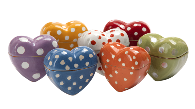 Colorful polka dot heart shaped boxes offer sweet sentiments gifts and love for Valentine's day isolated on white background