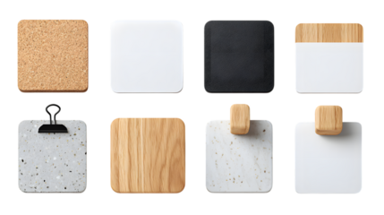 Minimalist set of eight square memo boards, modern design elements perfect for creative projects or presentations isolated on white background