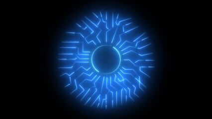 Futuristic blue digital eye with circuit board pattern and glowing neon lines on black background technology
