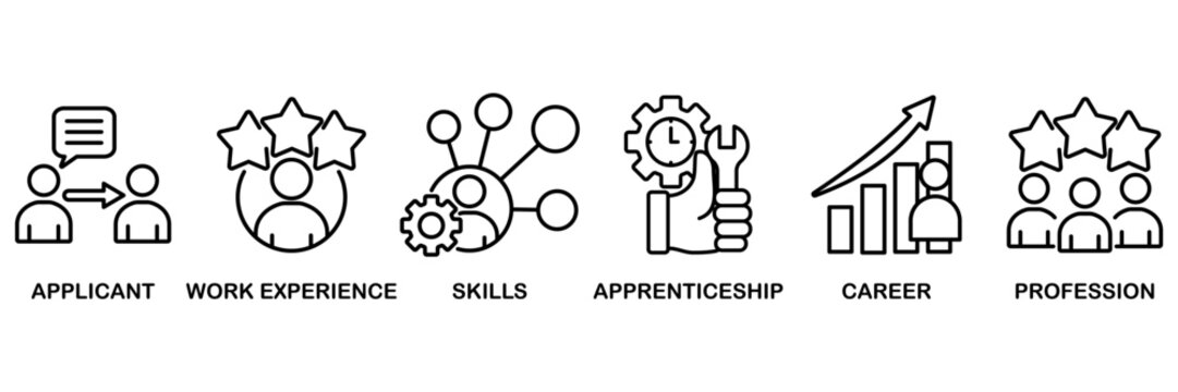 Traineeship icon set vector illustration concept for apprenticeship on job training program with icon of applicant, work experience, skills, internship, career, and profession