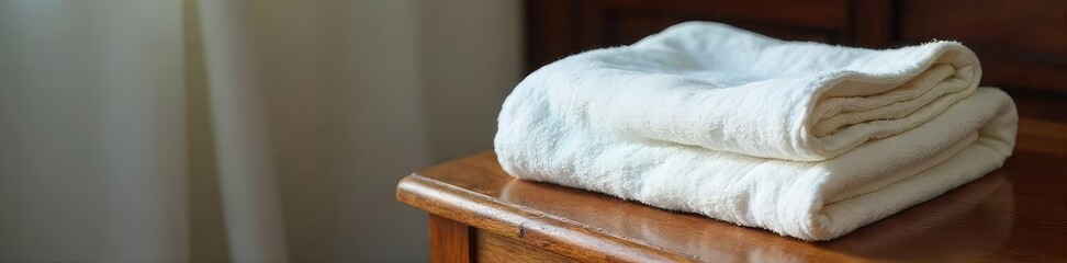 A neatly folded motel blanket, crisp white with a subtle texture, sits on a worn wooden bedside table  The scene evokes a sense of simple travel lodging and quiet rest ,  interior,  background