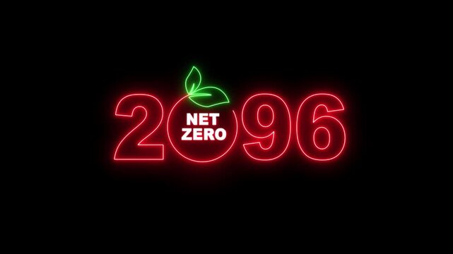 "Net Zero Emissions 2096 Neon Sign Animation, Climate Change, Carbon Neutral, Green Energy, Sustainable Development Concept on Transparent Background"