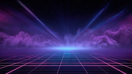 Futuristic grid landscape beneath a starry night